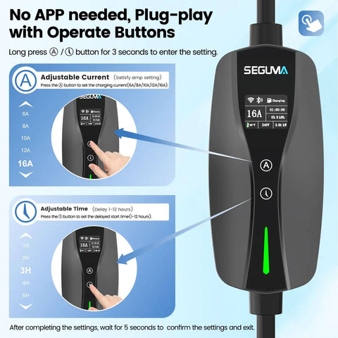 Plug In Your Ride With This Solid Level 1 And 2 Ev Charger Featuring WiFi App Control ETL Certified For All J1772 Bev And Phev 16 Amp Home Wall Mount showing adjustable current settings.