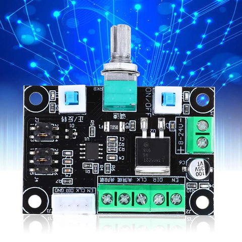 Front view of stepper motor controller board with green screw-terminal block and blue trim pots.