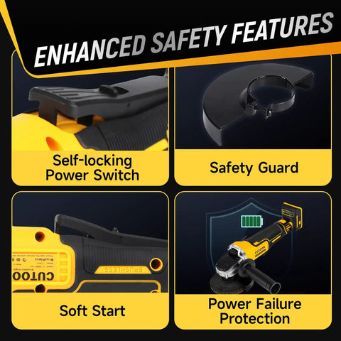 Cordless 4.5 Inch Angle Grinder With 10000 RPM Brushless Motor features safety switch, guard, soft start, and power failure protection
