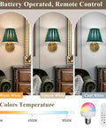 EIDISUNY Battery Operated Wall Sconces with RGB bulbs, displaying warm, natural, and cool lighting in a cozy living room atmosphere.
