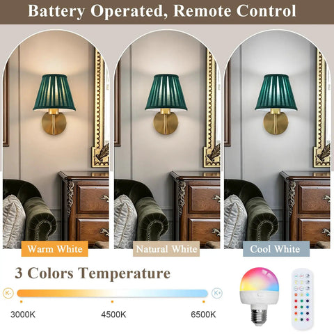 EIDISUNY Battery Operated Wall Sconces with RGB bulbs, displaying warm, natural, and cool lighting in a cozy living room atmosphere.