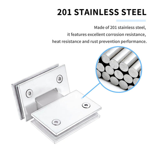 Close-up of Beefy Heavy Duty Stainless Steel 180 Degree Frameless Shower Door Hinge, corrosion-resistant material detail shown.