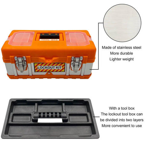 A Complete Lockout Tagout Kit For Electrical Panels With Clamp On Circuit Breaker Locks That Supports Group Lockout Hasps And Tags OSHA Compliant Includes Universal Multi Pole Breaker Lockout For Station Use In Bright Orange Box with stainless steel features.