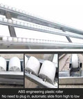 Light Duty Gravity Roller Conveyor System With Unpowered ABS Slides And Rust Resistant Frame For No Fuss Pro Grade Material Handling And Easy Bucket Unloading, 30cm By 150cm, Durable, Modular And Efficient Warehouse Solution showing ABS rollers