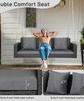 5 Foot Outdoor Porch Swing For Adults Wicker 3 Person Patio Swing with Cushions and Pillow, showing woman seated with reinforced chain.