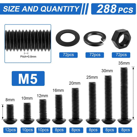 192 Piece M6 Hex Socket Button Head Screw Assortment Kit With Dead Simple 10 9 Grade Bolts Flat Washers Hex Nuts And Machine Fasteners, showing various sizes and quantities.