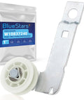 Beefy Dryer Idler Pulley With Bracket W10837240 for Whirlpool and Kenmore dryers, metal and plastic components visible.