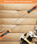 Heavy Duty T25 Torx Security Screwdriver 12 Inch Extra Long Shaft With No Sweat Grip Handle For Tamper Proof Screws Built Tough Chrome Vanadium Steel shown on wooden surface.