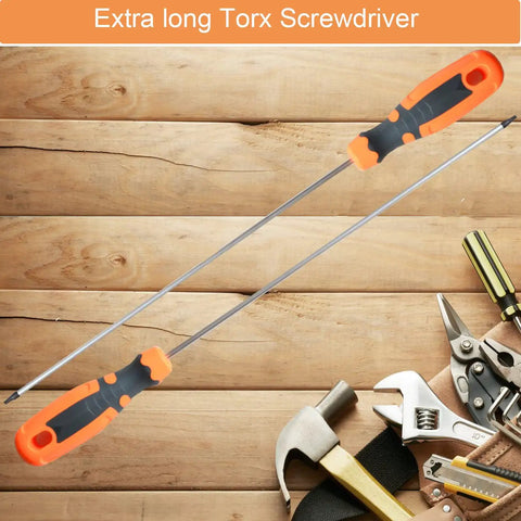 Heavy Duty T25 Torx Security Screwdriver 12 Inch Extra Long Shaft With No Sweat Grip Handle For Tamper Proof Screws Built Tough Chrome Vanadium Steel shown on wooden surface.