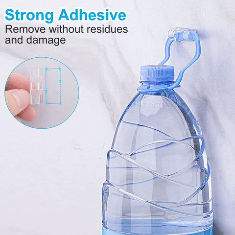 Clear Adhesive Cable Clips Set of 40 Medium Size No Drill Needed holding a water bottle on wall, showing strong adhesive