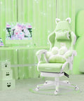 Totally Cute Cat Ears Gaming Chair With Detachable Ears, Plush Cat Paw Lumbar Pillow, Ergonomic PU Leather Office Chair, Cozy Green