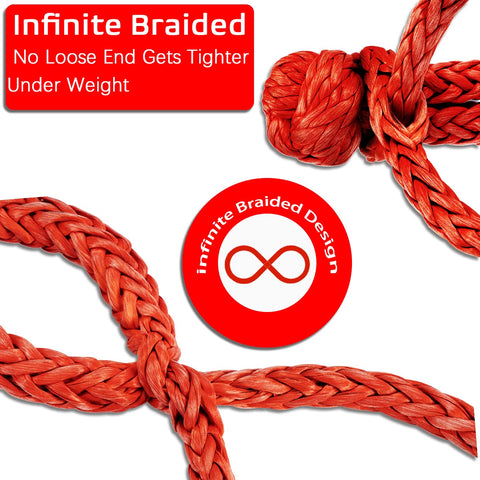 Close-up of red Soft Shackle One Half Inch By Twenty Two Inch Recovery Rope with infinite braided design.