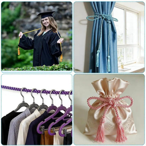 Collage: Graduate holding Light Blue Graduation Honor Cords; curtain tied with similar cords; cords on hangers; pouch with pink cords.