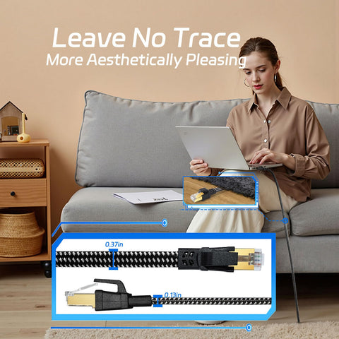 Cat 8 Ethernet Cable 15 Foot Braided High Speed Network Cable With RJ45 Connector shown with user on sofa
