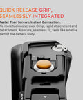 Close-up of DJI Osmo Action 6 Street Snap Kit Camera Cage quick release hand grip with locking dial and orange button cap.