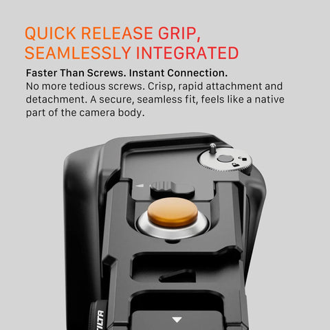 Close-up of DJI Osmo Action 6 Street Snap Kit Camera Cage quick release hand grip with locking dial and orange button cap.