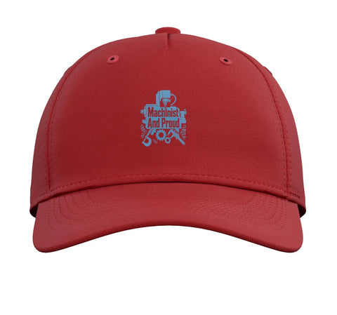 Rad Machinist Gift Vibes! Adjustable Red Custom Fit Visor Hat With Printed Vise Gauge Square Tool Design on front.
