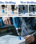 Diamond core drill bit set, 16pcs, blue; cordless drill in use on marble countertop