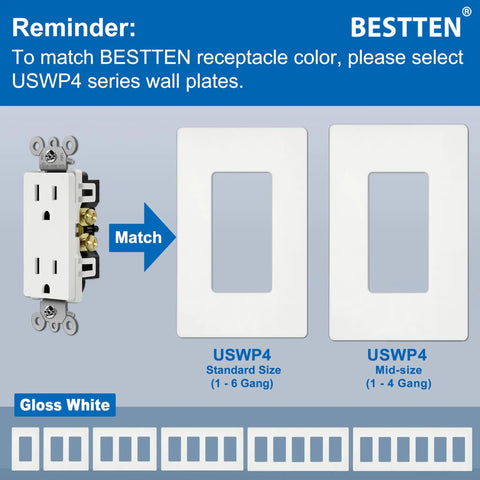 Decked Out Decor Wall Outlet Receptacle 15 Amp 125V 1875W Non Tamper Resistant UL Listed White with matching wall plates
