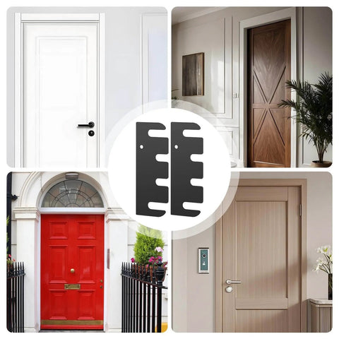 Collage showing Ten Piece Door Hinge Filler Plates Kit with Stainless Steel Spacers 4x1.5 Inch Adjustable for cabinet repair and DIY use