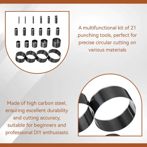 21 Piece Leather Circle Cutter Set Pro Grade Circle Punch Kit 1mm To 55mm With High Carbon Steel Round Cutting Dies displayed