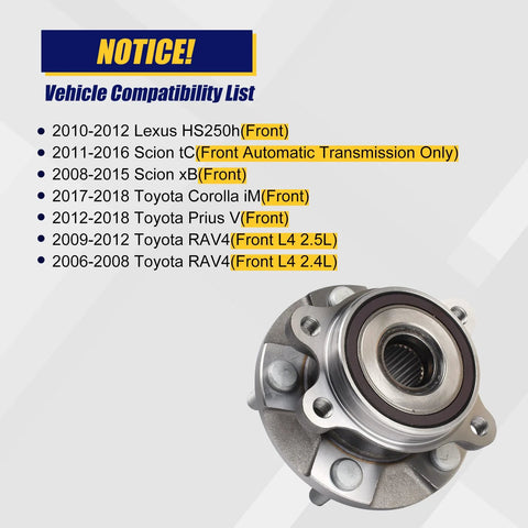 Two Piece Front Wheel Bearing And Hub Assembly With ABS And 5 Lug Bolts Fits Front For 2010 2012 Lexus HS250h, 2011 2016 Scion tC