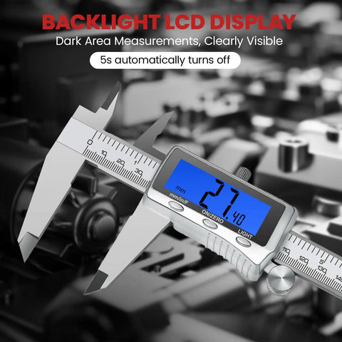 Six Inch Digital Caliper With Rechargeable Battery Backlit LCD Screen Stainless Steel Measuring Tool For 3D Printing DIY And Household Use Auto Off Quick Charge In Inch Millimeter And Fraction Conversion USB Charge Cable showing measurement in dim light