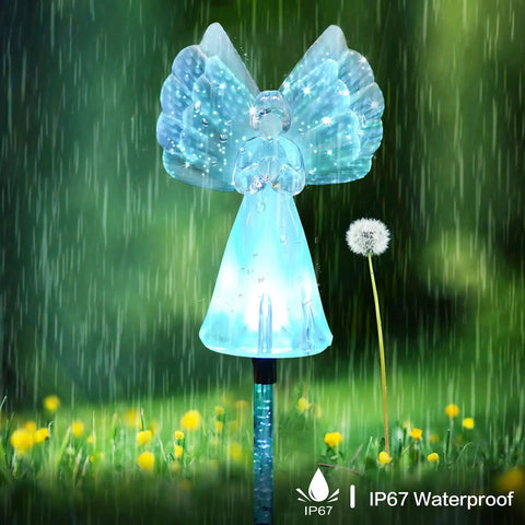 Two Pack Outdoor Solar Garden Lights With Color Changing LEDs, IP67 Waterproof Angel Decor Stake illuminating in rain, lawn