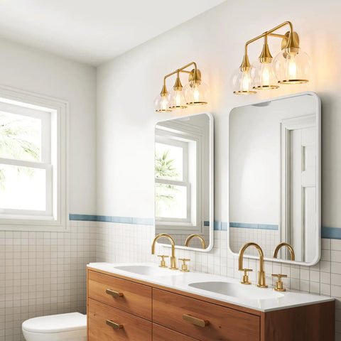 Gold Three Light Vanity Light Over Mirror With Clear Glass Shades, 22.4 Inch Wall Sconce Bath Fixture above double sinks