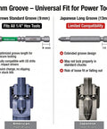 Comparison of 9mm and 13mm grooves on screwdriver bits with compatibility features for impact drivers.