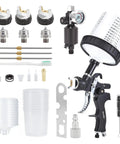 Premium HVLP Air Spray Gun Kit With Three Precision Nozzles And Ten Disposable Cups arranged on a white background.