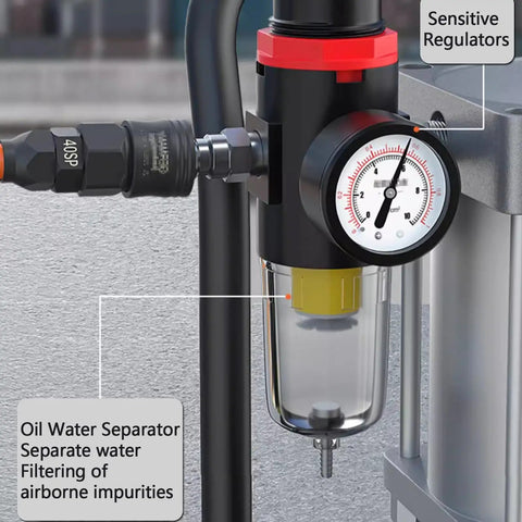 Built Like A Tank This Heavy Duty Pneumatic Grease Pump Fires Off Relentless High Pressure Lubrication Through An Aluminum Gun 19 Inch Hose And Smooth Rolling Base Perfect For Grease Monkey Shops And Sites. Close-up of oil water separator and pressure gauge.