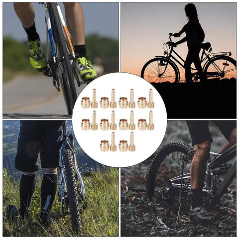 Cyclists and silhouette images with a center display of a 10 Piece Copper Alloy CNC Machined Bike Hydraulic Brake Hose Kit With Olive Connectors.