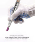 Top Shelf Pneumatic Air Pencil Die Grinder 70000 RPM Rotary Engraving Pen held in hand wearing a glove, focusing on grinding head disassembly.