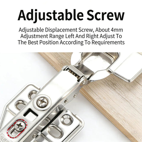 Close-up of 2 Pack Detachable Stainless Steel Full Overlay Cabinet Hinges With Hydraulic Soft Close Damper on a wooden surface.