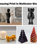 Various 3D-printed sculptures in black, white, and multicolor showcasing the printing quality of Bambu Lab compatible hotend kits.