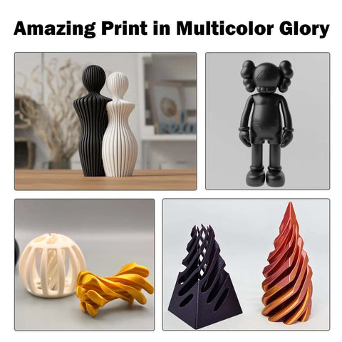 Various 3D-printed sculptures in black, white, and multicolor showcasing the printing quality of Bambu Lab compatible hotend kits.