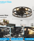 Smooth Operator Flush Mount Ceiling Fan with Remote and Six Speeds in Matte Black, 20in metal caged design for indoor use.