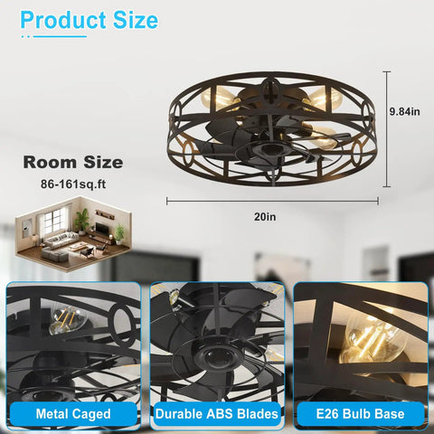 Smooth Operator Flush Mount Ceiling Fan with Remote and Six Speeds in Matte Black, 20in metal caged design for indoor use.