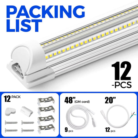 High Output 100W 15000LM 6500K T8 LED Shop Light Strip, 8Ft Linkable Garage Light With V Shape Clear Cover, 12 Pack contents