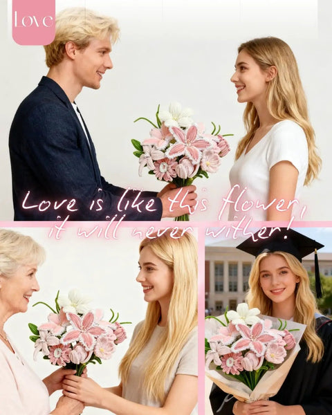 Collage of smiling people holding bouquets made from the Dope 350 Piece Pipe Cleaner Flower Kit With Tutorial, Five Color Options.