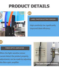 Close-up of label photoelectric sensor and fiber optic amplifier on Heavy Duty Automatic Label Applicator With Chain Conveyor For Round Square Hexagonal Bottles Smooth Operator Touchscreen Control Cranks Out Labels At 15 To 60 Per Minute 110V Ready To Hustle.