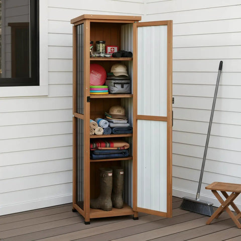 62 Inch Tall Narrow Outdoor Storage Cabinet With Metal Top Waterproof All Weather Storage Unit For Garden Patio Living Room Or Entryway With Adjustable Shelves Black