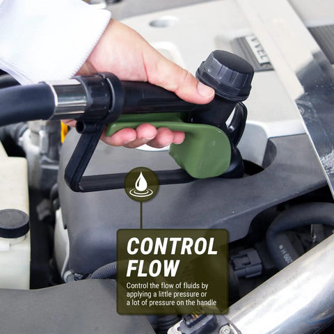 Kick Serious Fluid Around With This Heavy Duty Electric Drum Pump Made For 55 Gallon Barrels Pushing A Zippy 7.6 Gpm Flow Rate Through A Bulletproof 2 Inch Npt Bung Connector It Swallows Def Diesel Water And Agri Chemicals Swiftly Daily. Hand holding control handle for fluid transfer on engine.