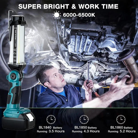 Cordless LED Work Light For Makita 18V Battery 2000 Lumen in use under car 6000-6500K for outdoor camping, DIY projects