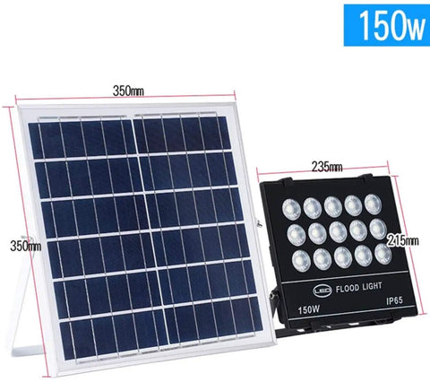 JUDYSSY Solar Flood Lights Led Solar Floodlight 150W with solar panel dimensions, waterproof IP65 for outdoor use.