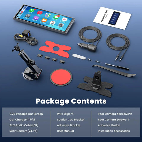 Package contents for Portable Wireless CarPlay Screen For CarPlay And Android Auto, 9.26 Inch Touch Display, installation items shown