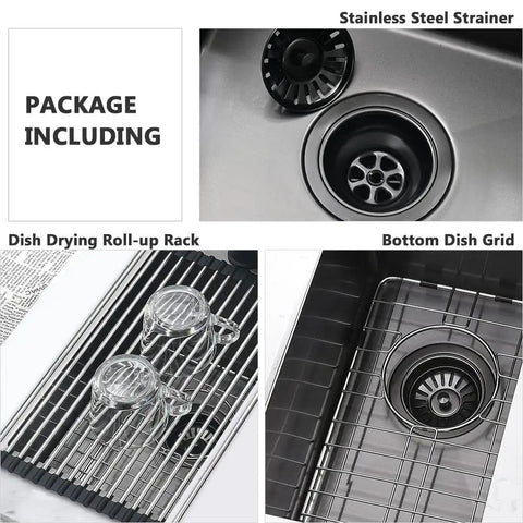 Package showing stainless steel strainer, dish drying roll-up rack, and bottom dish grid for 14 By 18 Inch Undermount Bar Sink Stainless Steel