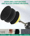 134Pack 3 Inch Wet Dry Sanding Discs Kit showing hook and loop backing attached to drill