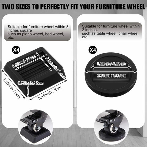 8 Piece Furniture Wheel Stopper Set With 2x2 Inch Round And 3x3 Inch Square Caster Cups Non Slip Prevents Sliding For Sofas Beds Chairs And Desks And More Fits Most Wheels Under 4 Inches showing size dimensions and uses for square and round pads
